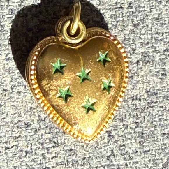 Vintage 1930s Gold Heart Locket Green Stars Religious Mary Charm pendant - Picture 7 of 13